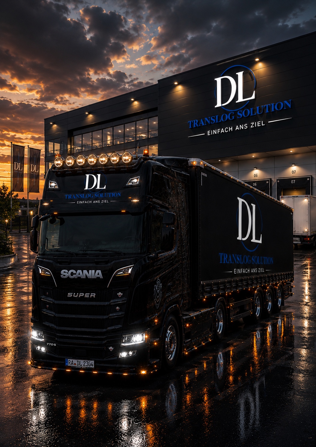 DL TransLog Solution Markenmotiv: Lkw vor einem Logistikgebäude bei Abendlicht
