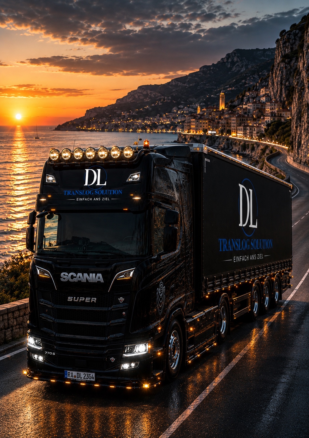 DL TransLog Solution Markenmotiv: Lkw an einer Küstenstraße bei Sonnenuntergang