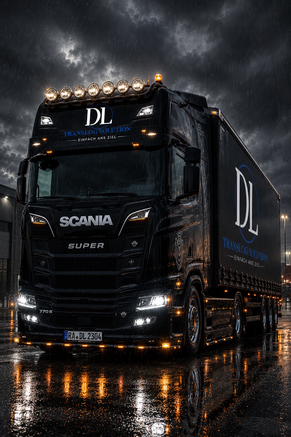 DL TransLog Solution Markenmotiv: schwarzer Lkw bei Regen